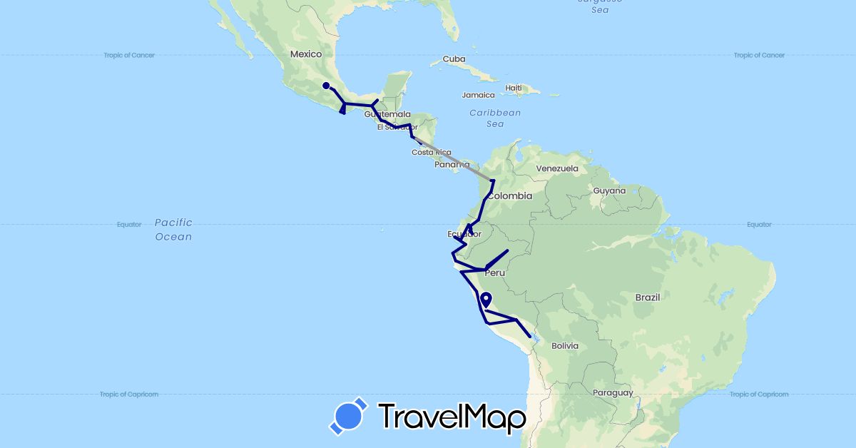 TravelMap itinerary: driving, plane in Colombia, Ecuador, Guatemala, Honduras, Mexico, Nicaragua, Peru, El Salvador (North America, South America)